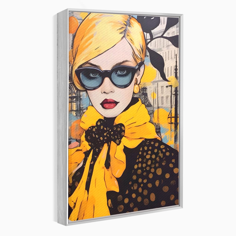 Tablou canvas cu tablou canvas cu portret de femeie blonda, in rama de aluminiu argintiu